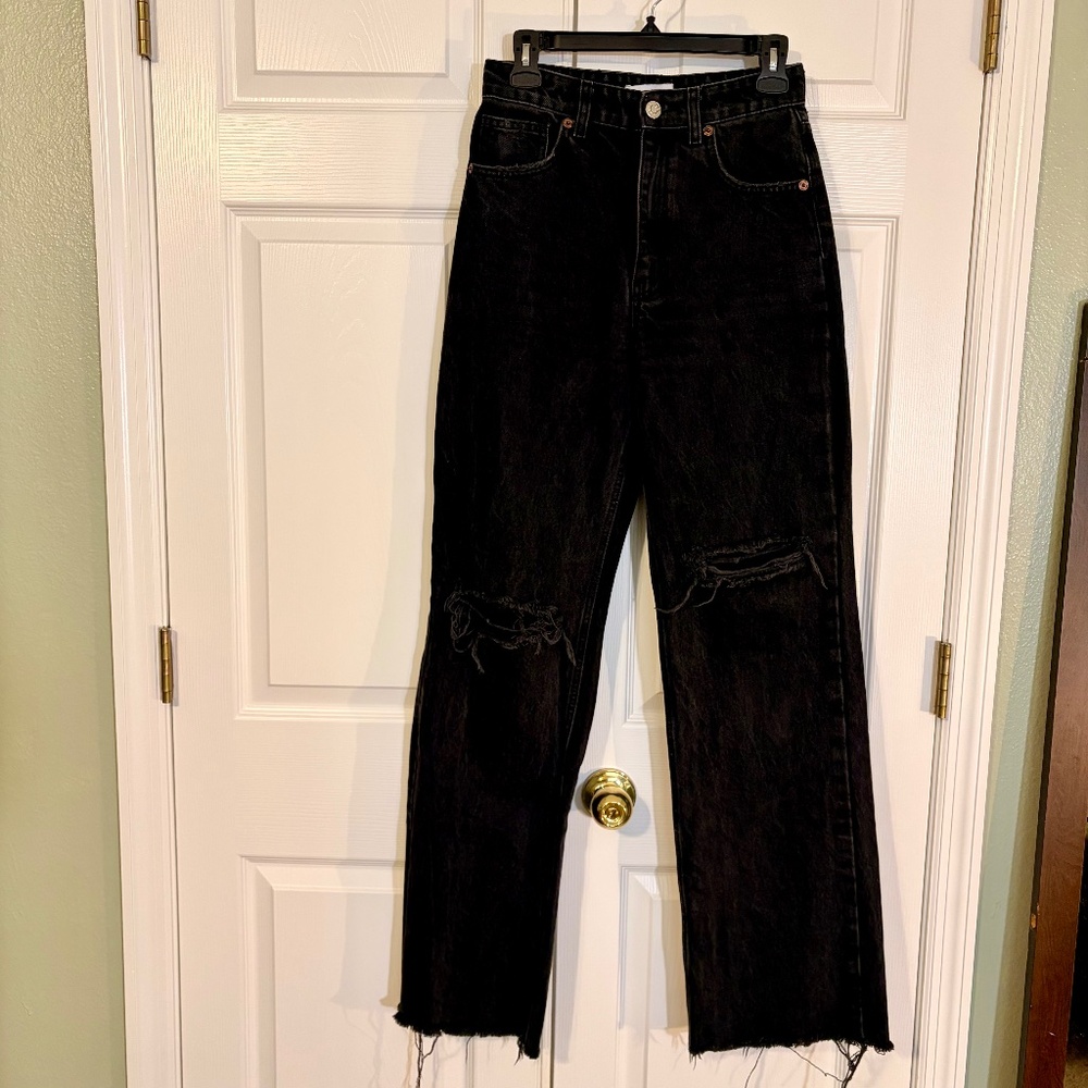 Zara Wide Leg Distressed Black Jeans Women's Size 6